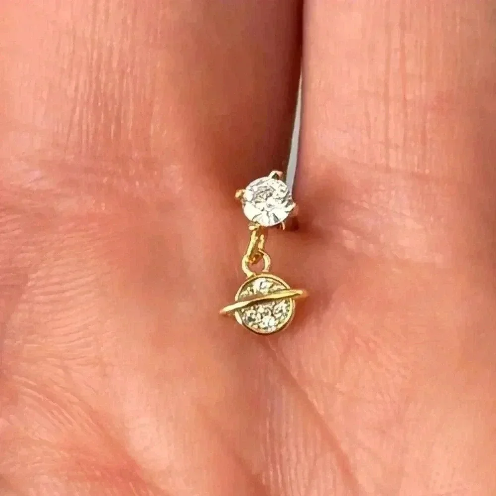 Gold Crystal Saturn Dangle Cartilage Earring - Picture 3 of 5